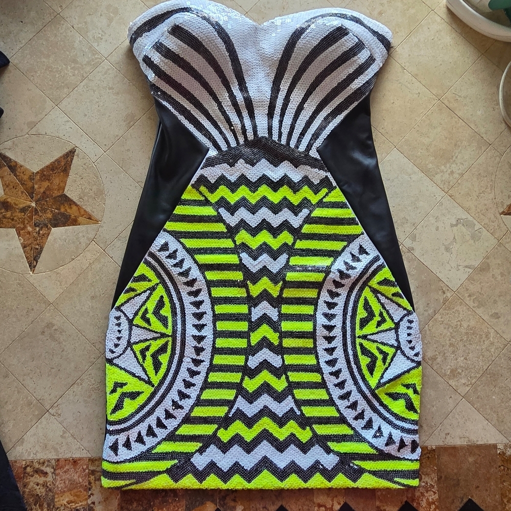bebe Strapless Dress with Black and Neon Yellow Pattern